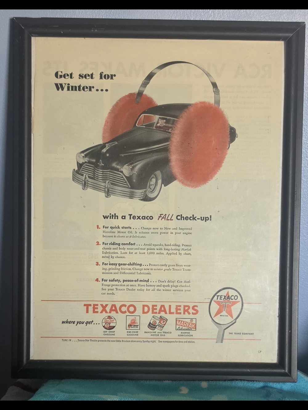 Vintage Texaco Winter Ad Print with Red Earmuffs